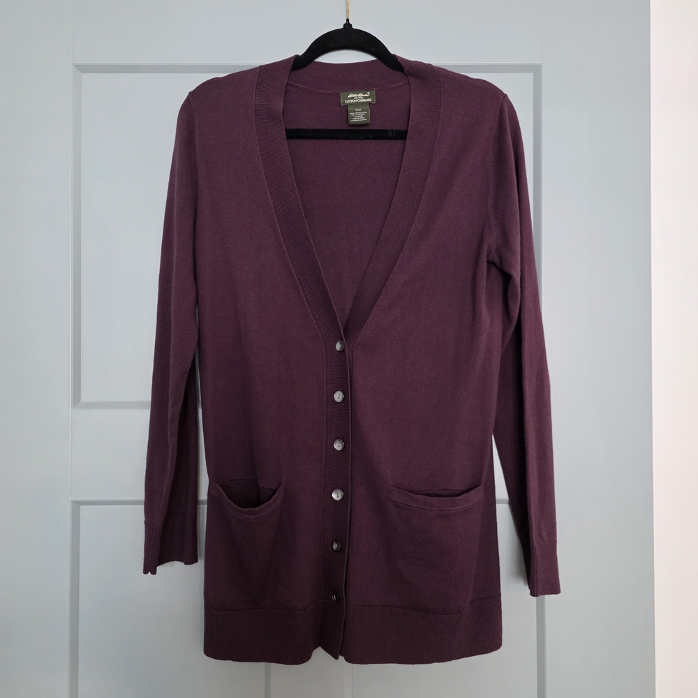 Eddie Bauer Cashmere Cotton Cardigan M Plum Purple Button Front Minimalist